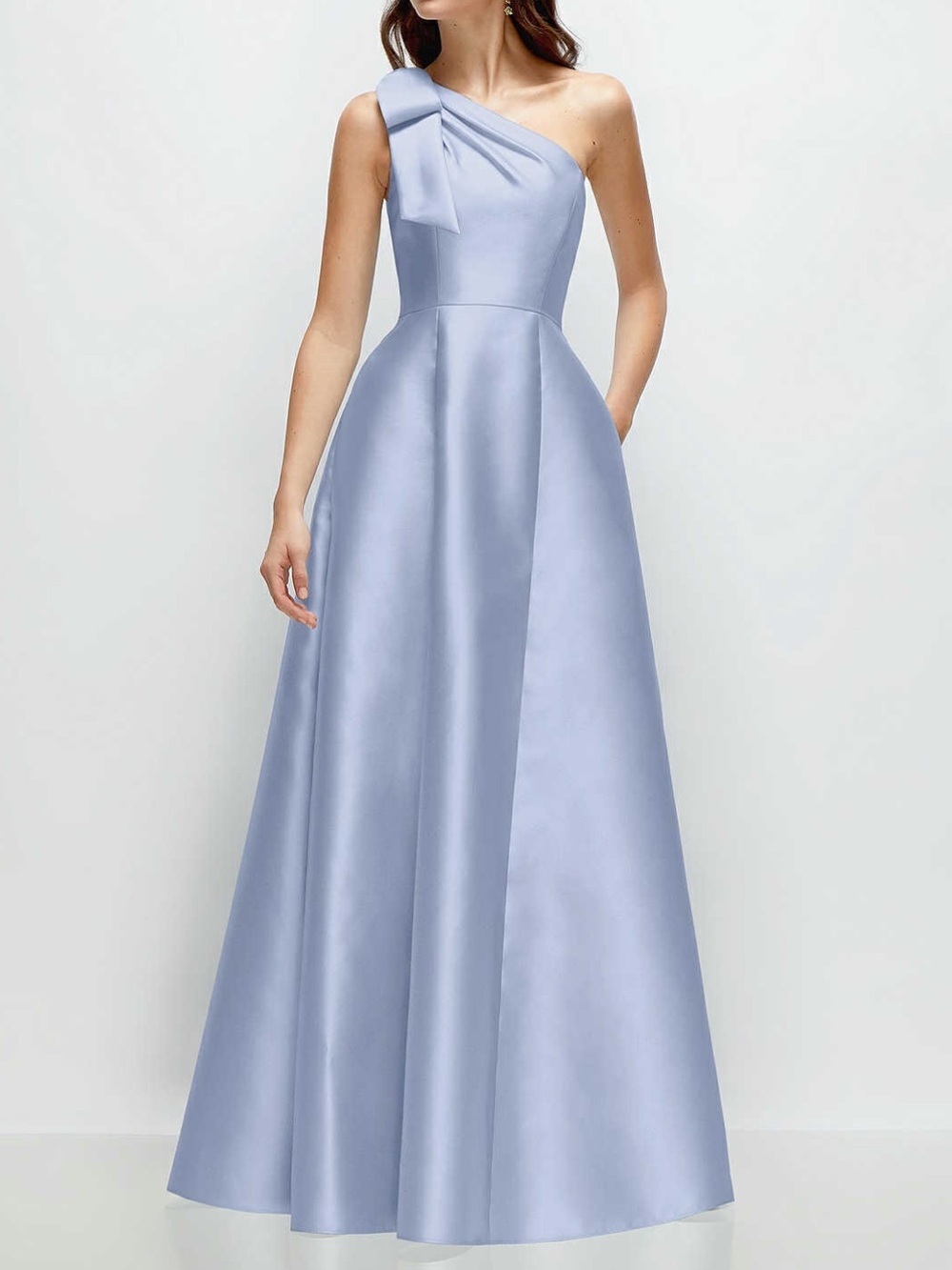 Dessy: Alfred Sung-Bow One-Shoulder Full A-Line Satin Maxi Dress in Sky Blue NWT
